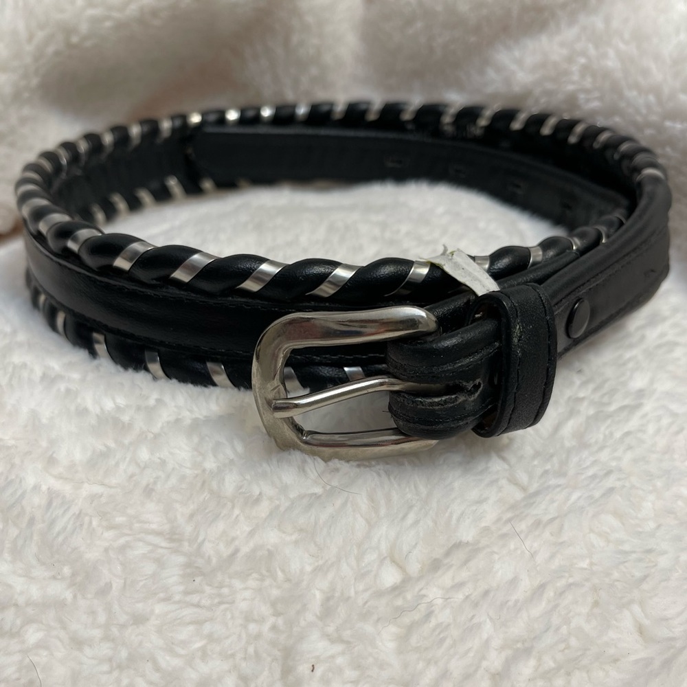 Vintage Black Leather Western Belt by Fisher With Silver Stitching